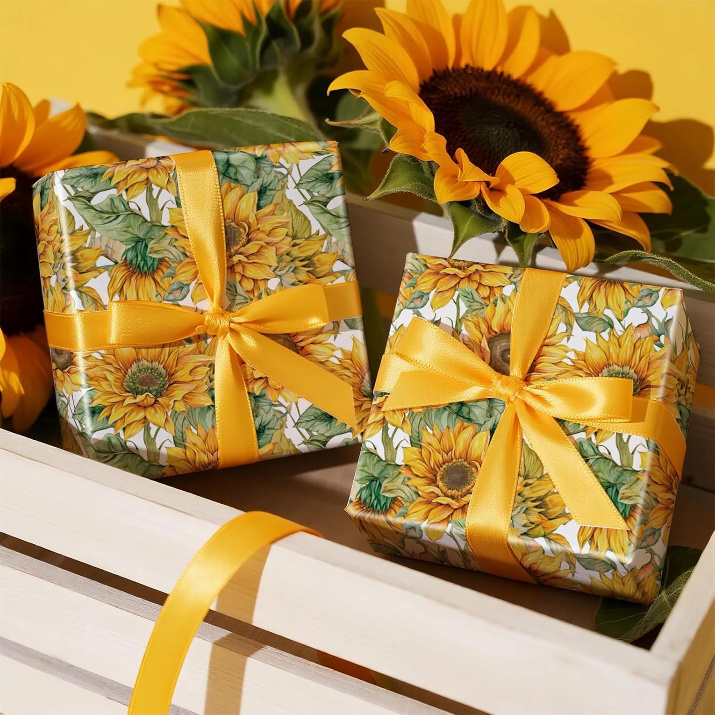 RUSPEPA Sunflower Wrapping Paper Roll for Women Girls, Mini Roll, Bright Yellow Sunflower Floral Design with Green Leaves, Cheerful Gift Wrap for Birthday, Wedding, Mother's Day, 17 Inches x 16.4 Feet