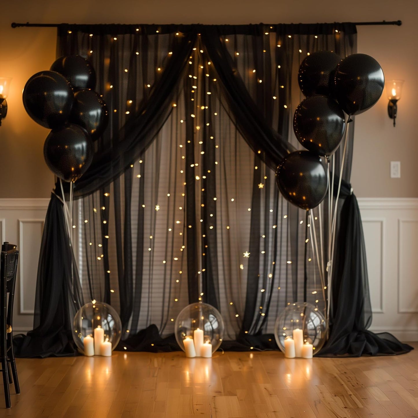 Tulle Backdrop Curtain with Lights String 10FT X 8FT Black Sheer Tulle Backdrop Curtains for Wedding Birthday Party Reception Photo Booth Background Decorations (2 Panels 5x8FT)