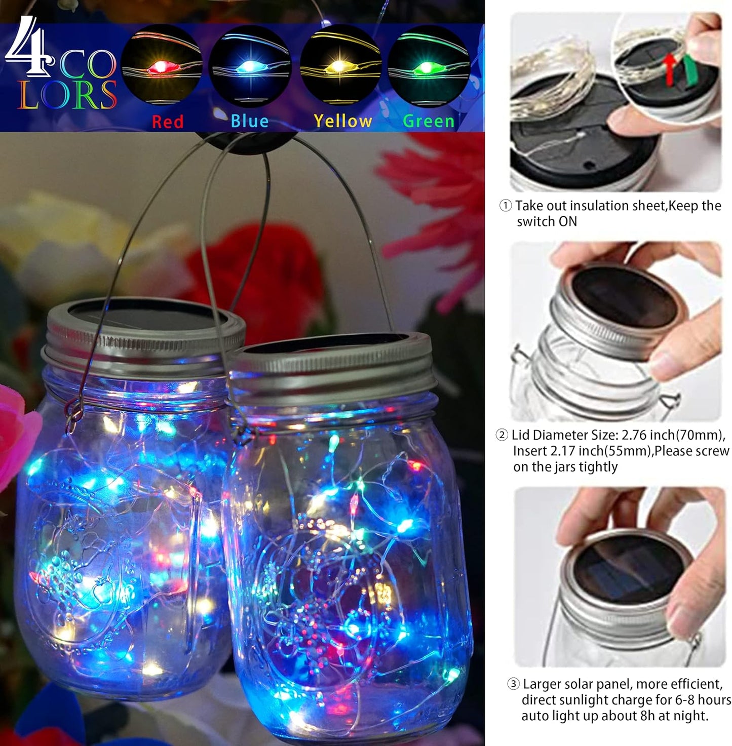 SunKite Solar Mason Jar Lights, 12 Pack 30 LED Waterproof Fairy Firefly Jar Lids String Lights with Hangers(NO Jars), Patio Yard Garden Wedding Decoration - Multicolored2