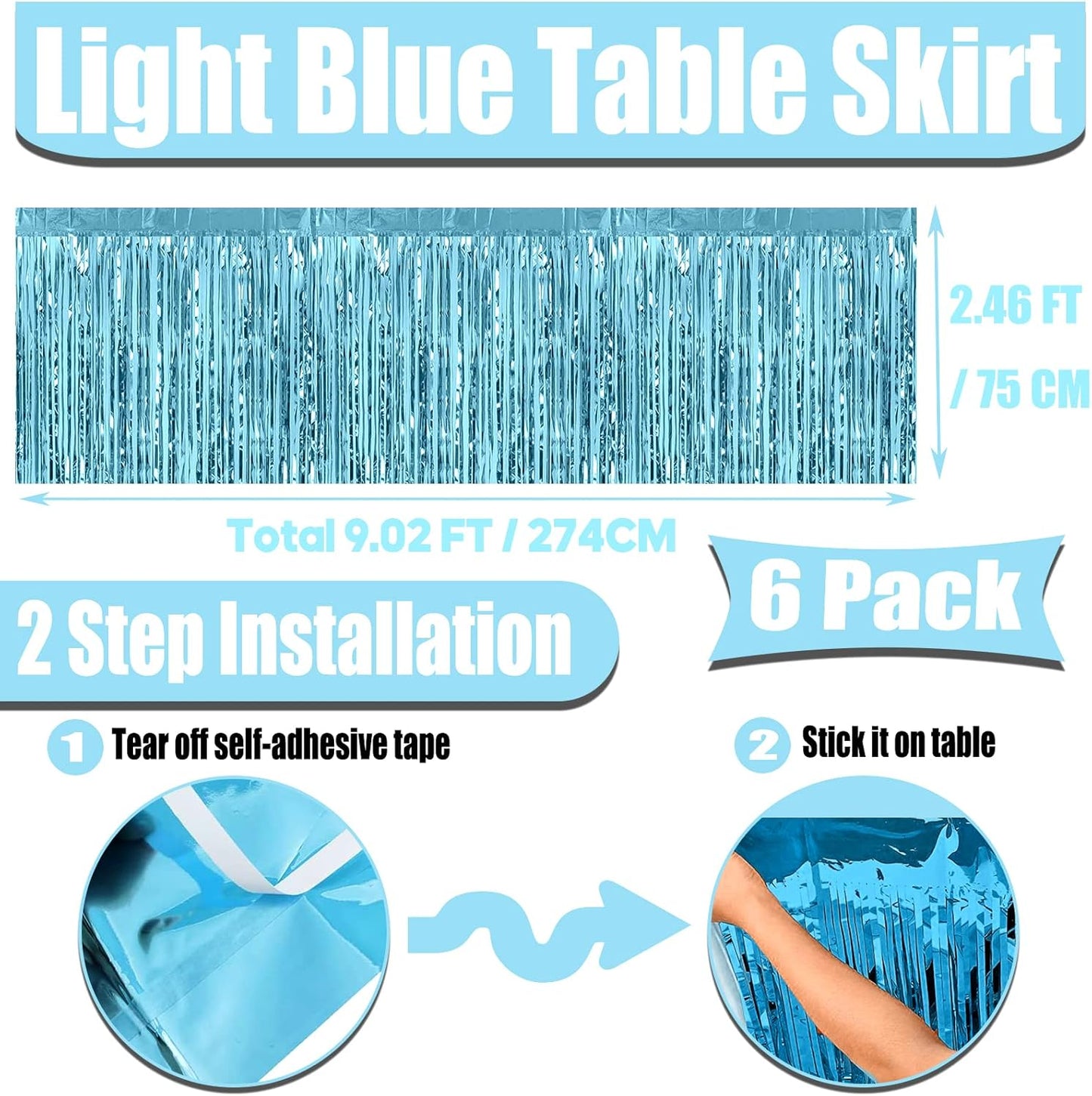 6 Pack 29x108 Inch Metallic Foil Fringe Tinsel Table Skirts Banner for Rectangle Tables Streamer Garland Backdrop for Wedding, Birthday, Parade Floats, Halloween Party Decoration(Light Blue)