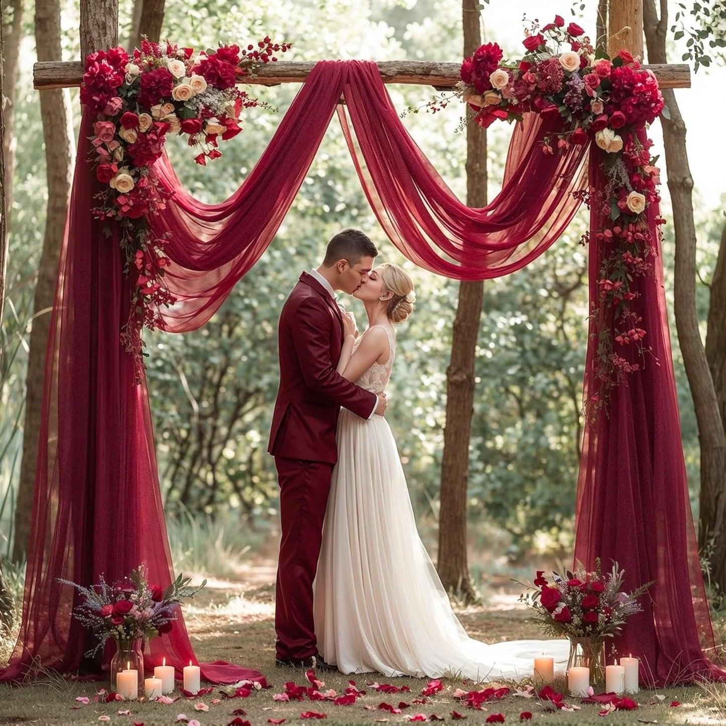 PARTISKY Wedding Arch Draping Fabric, 2 Panels Burgundy Sheer Backdrop Curtain Tulle Fabric Drapery for Arbor Wedding Archway Ceremony Party Ceiling Decor Backdrop