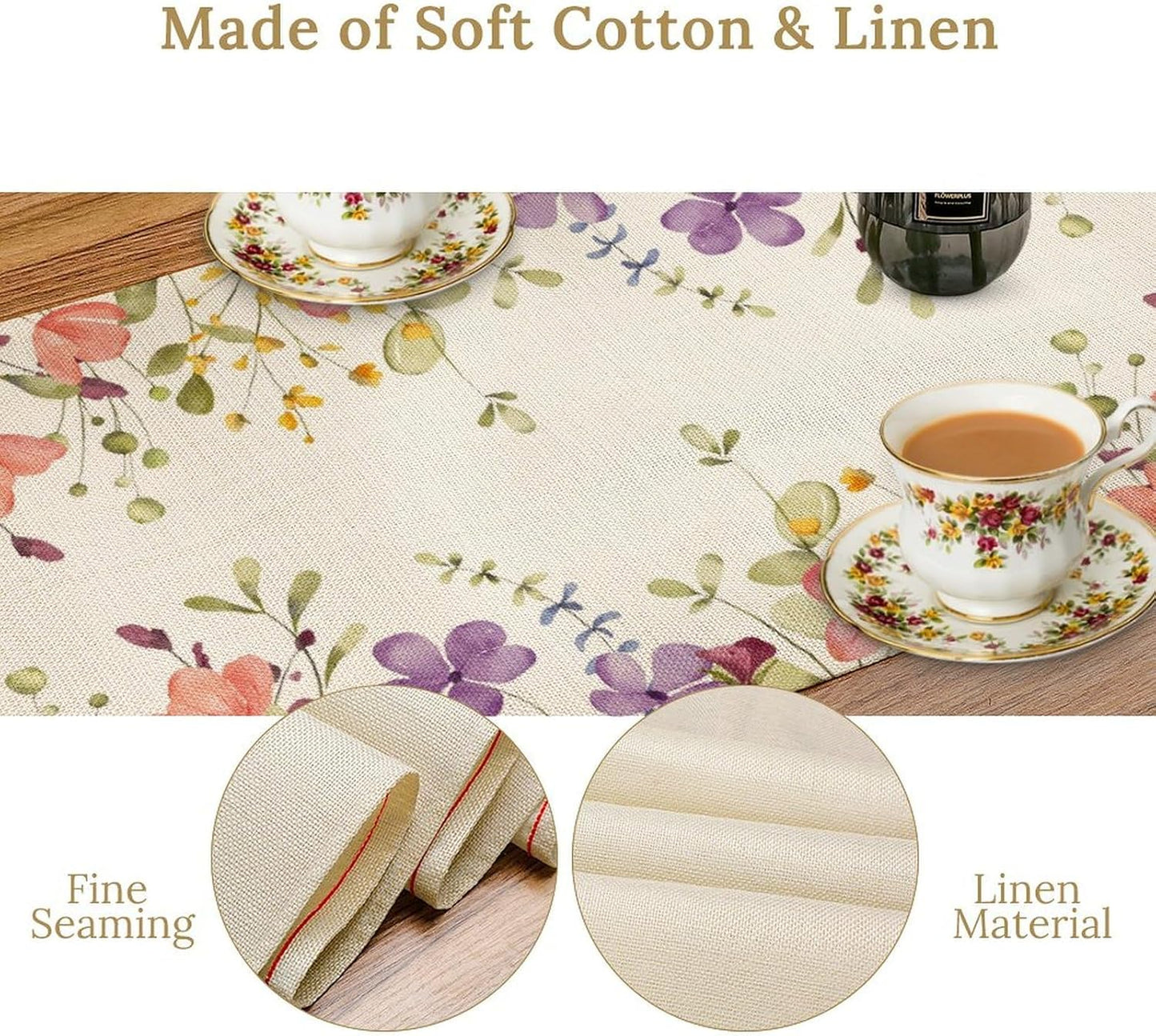 Floral Table Runner,Flowers Plant Print Spring Table Runner for Kitchen Dining Table Decoration for Home Party Decor 13x72 Inch