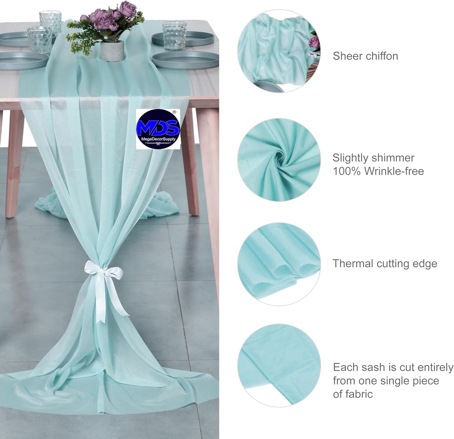 MDS 2 Pack 10ft Chiffon Table Runner 29 x 120 Inches Sheer Wedding Runner Romantic Rustic Table Runner for Wedding Decorations, Birthday Parties, Bridal Shower Party Arch Decor - Teal