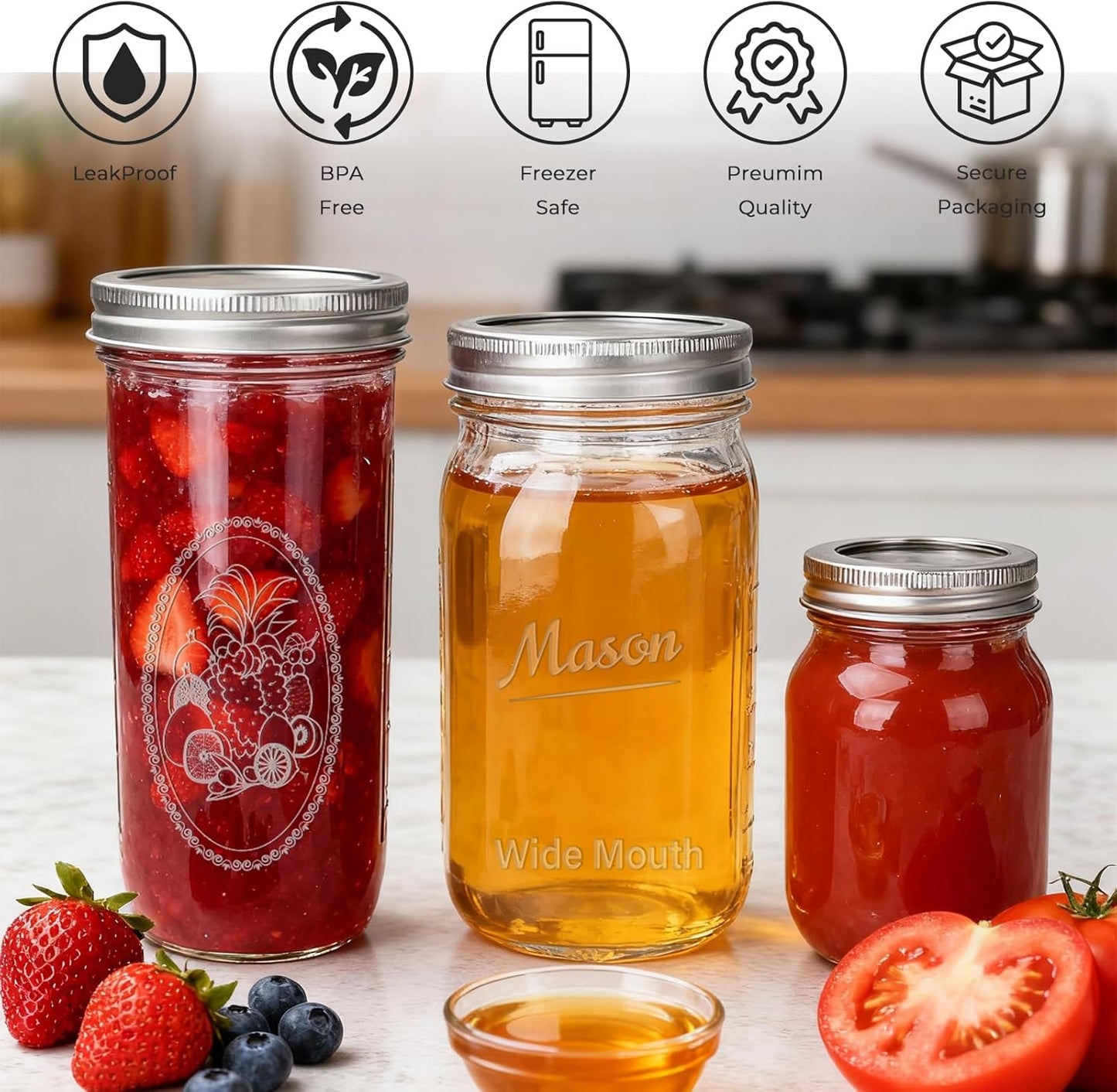 CycleMore Mason Jars Bundle, 12 Pack J Canning Jars With Bands and Lids, Ideal for Jam, Honey, Wedding/Shower Favors, DIY & Oats - 32 OZ x 4, 24 OZ x 4, 16 OZ x 4 (16oz - 24oz - 32oz)