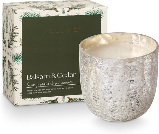 ILLUME Large Boxed Crackle Glass Candle, Balsam & Cedar