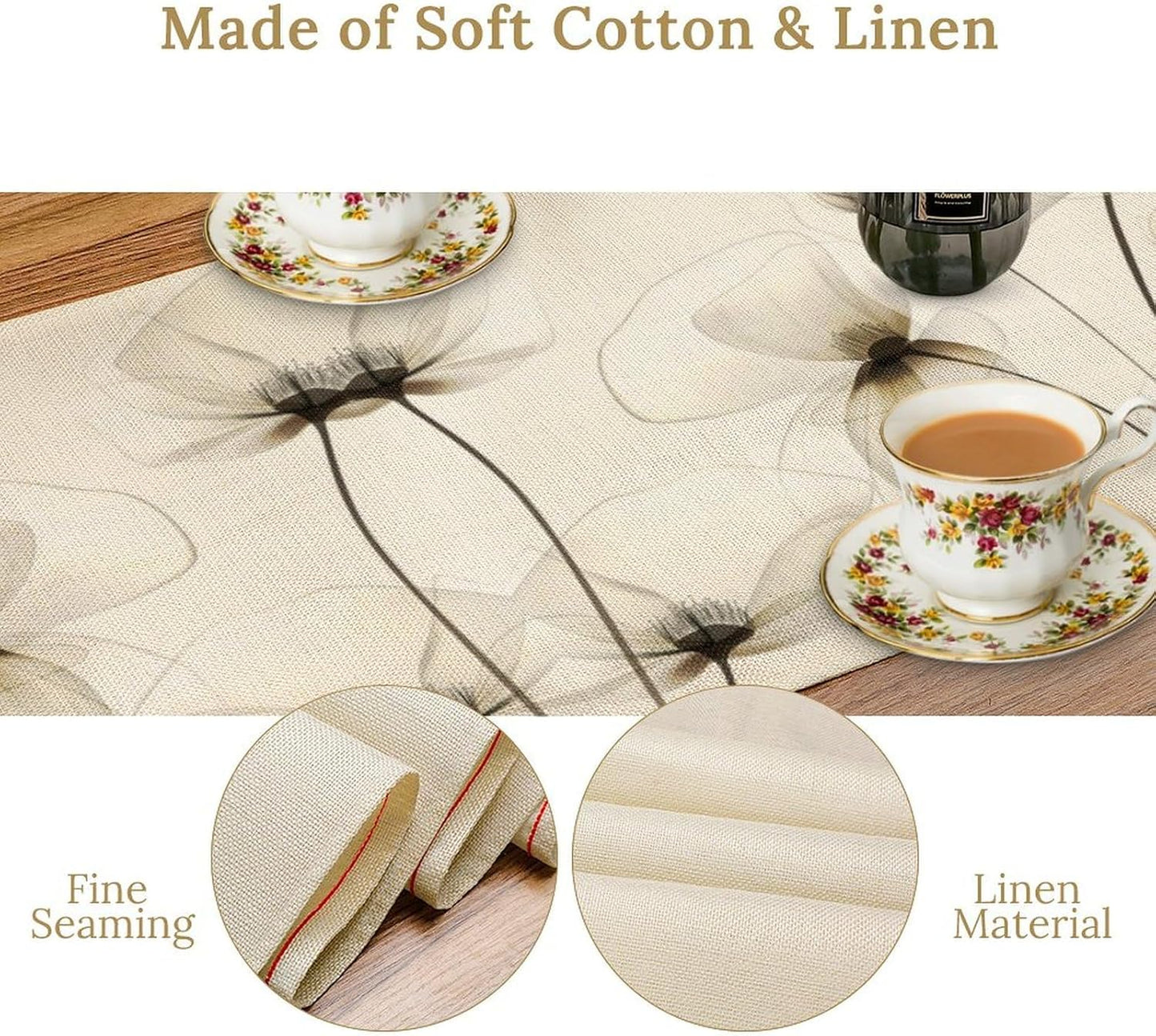 Abstract Floral Table Runner, Watercolor Transparent Beige Poppy Flowers Print Kitchen Dinning Table Runner for Indoor Outdoor Home Wedding Party Holiday, 13x120 Inch