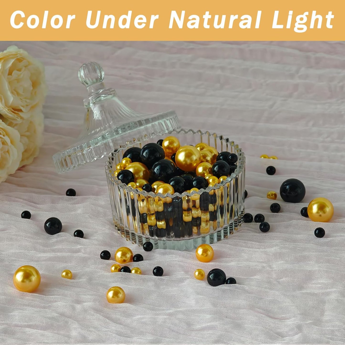 Floating Pearls for Centerpieces Vases, 250PCS Black Gold No Hole Fake Pearl Beads and 4000PCS Water Beads for Vase Filler Floating Beads for Wedding Party Decoration (Black Gold 8/14/20mm)