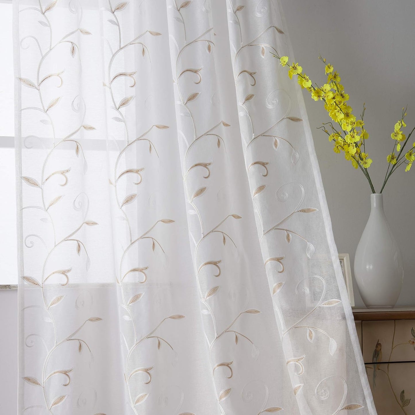 VISIONTEX White Sheer Voile Curtains, Decorative Beige Leaves Embroidery Faux Linen Rod Pocket Window Drapes for Home Kitchen, Living Room and Bedroom 54 x 63 Inch, Set of 2 Curtain Panels
