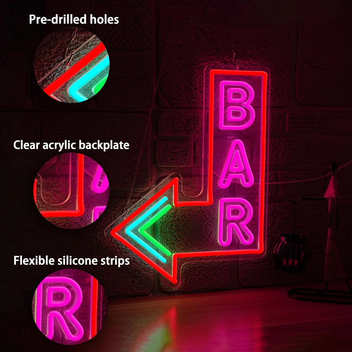 Bar Neon Sign with Dimmer switch, Colorful Bar Led Neon Light Pink Letter Light up Sign for Beer Pub Club Party Wall Decor(16.54 * 12.6In)