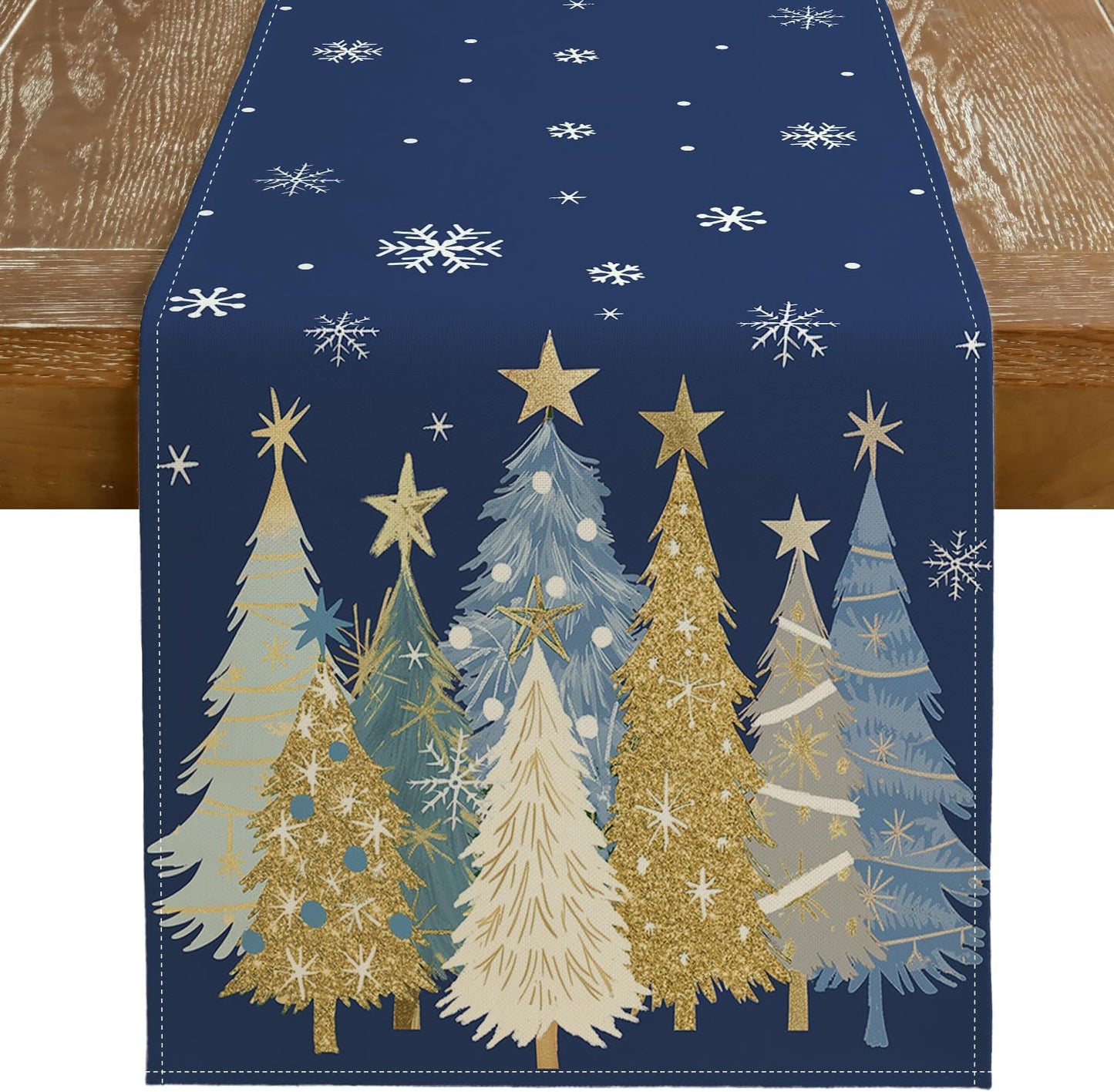 GEEORY Christmas Table Runner 13x60 Inch, Xmas Trees Snowflakes Holiday Decorative Farmhouse Table Decoration for Kitchen Dinning, Indoor Outdoor Dinner Party Decor (Blue) GT151-60