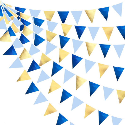 Gold Blue Party Decoration Gradient Blue and Gold Triangle Pennant Banner Flag Metallic Fabric Bunting Garland for Nautical Ahoy Achor Birthday Graduation Retirement Wedding Baby Shower Party Supplies