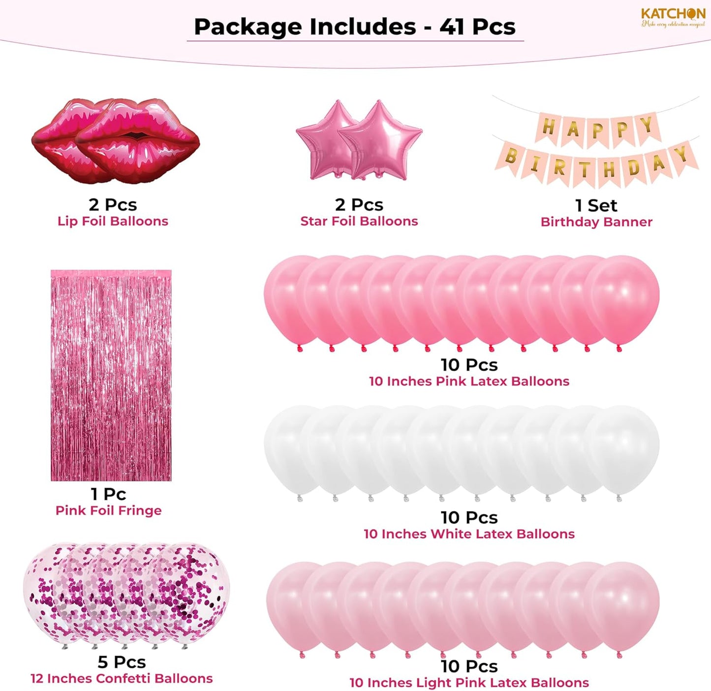 KatchOn, Pink Birthday Decorations Set – Pack of 42 | Happy Birthday Banner & Lip Decor | Happy Birthday Decorations for Women, Girls & Her | Pink Party Decorations