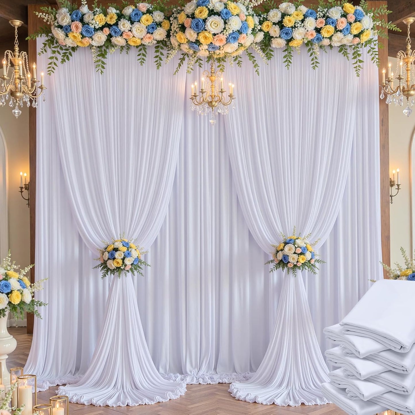 40×14 ft White Wrinkle Free Backdrop Curtain, Soft Silky Polyester Wedding Drapes 8 Panels 14ft Height Photo Backdrop Curtains for Parties Birthday Baby Shower Photography Background Cloth