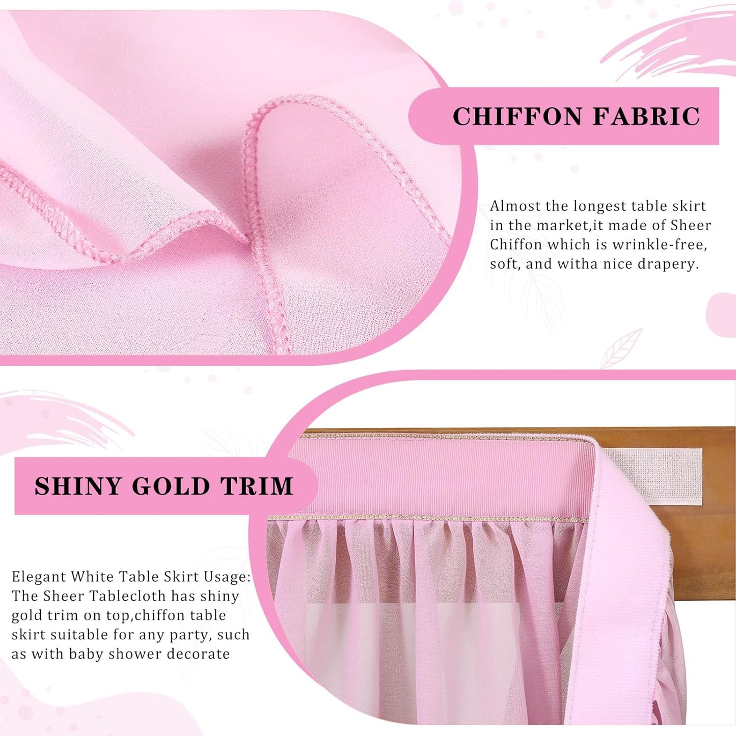 QueenDream Pink Chiffon Table Skirt 6ft Pink Table Cloth for Rectangle Tables Birthday Princess Girl Baby Shower Party