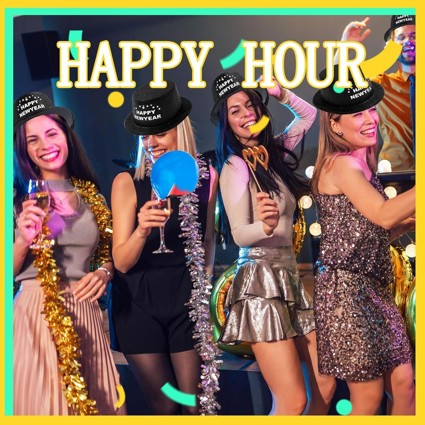 Hillban 12 Pcs Top Hats Halloween Glitter Plastic Retro Disco Party Hats for Halloween Magician Birthday Wedding Carnivals(Black with Letter,Novel)