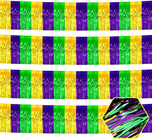 4 Pack 10 Feet Gold Green Purple Foil Fringe Garland Metallic Tinsel Streamers Banner Wall Hanging Curtain Backdrop for Parade Floats, Wedding, Graduate, Mother's Day, Birthday Party Decoration