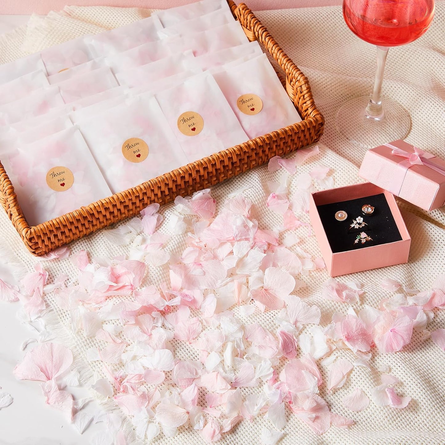 Biodegradable Confetti, Dried Hydrangea Flower Petals with Throw Me Stickers Wedding Confetti Biodegradable Flower Petals for Wedding Ideas Valentines Day Decor(Pink White,55 Pcs)