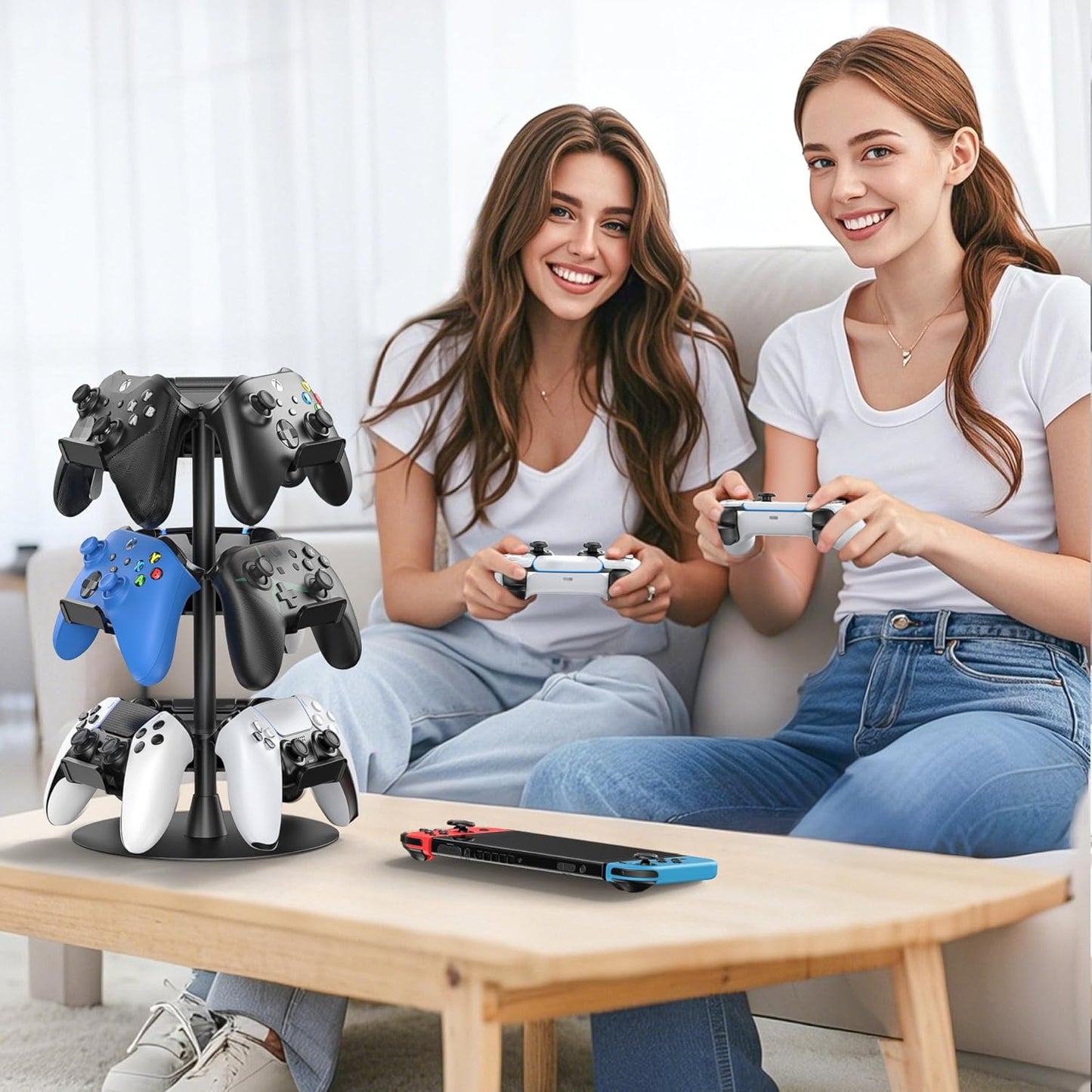 Headset Stand 3 Tiers for Desk, Rotatable Gaming Controller Stand for PS5/PS4/Xbox/Switch2/PS Portal/Phone, Universal PC Gamer Gift Accessory Controller/Headphone Holder for 9 Packs Controller