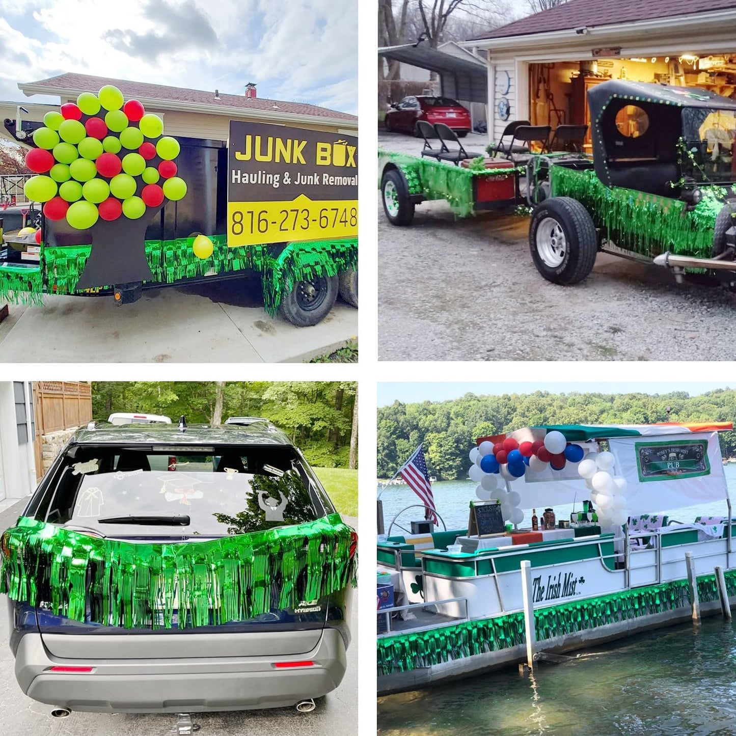 Thick 10 feet by 15 inches Green Foil Fringe Garland - Pack of 3 | Shiny Metallic Tassle Banner for Car Parade Floats, Wedding, Birthday | Wall Hanging Fringe Garland Banner (Green)