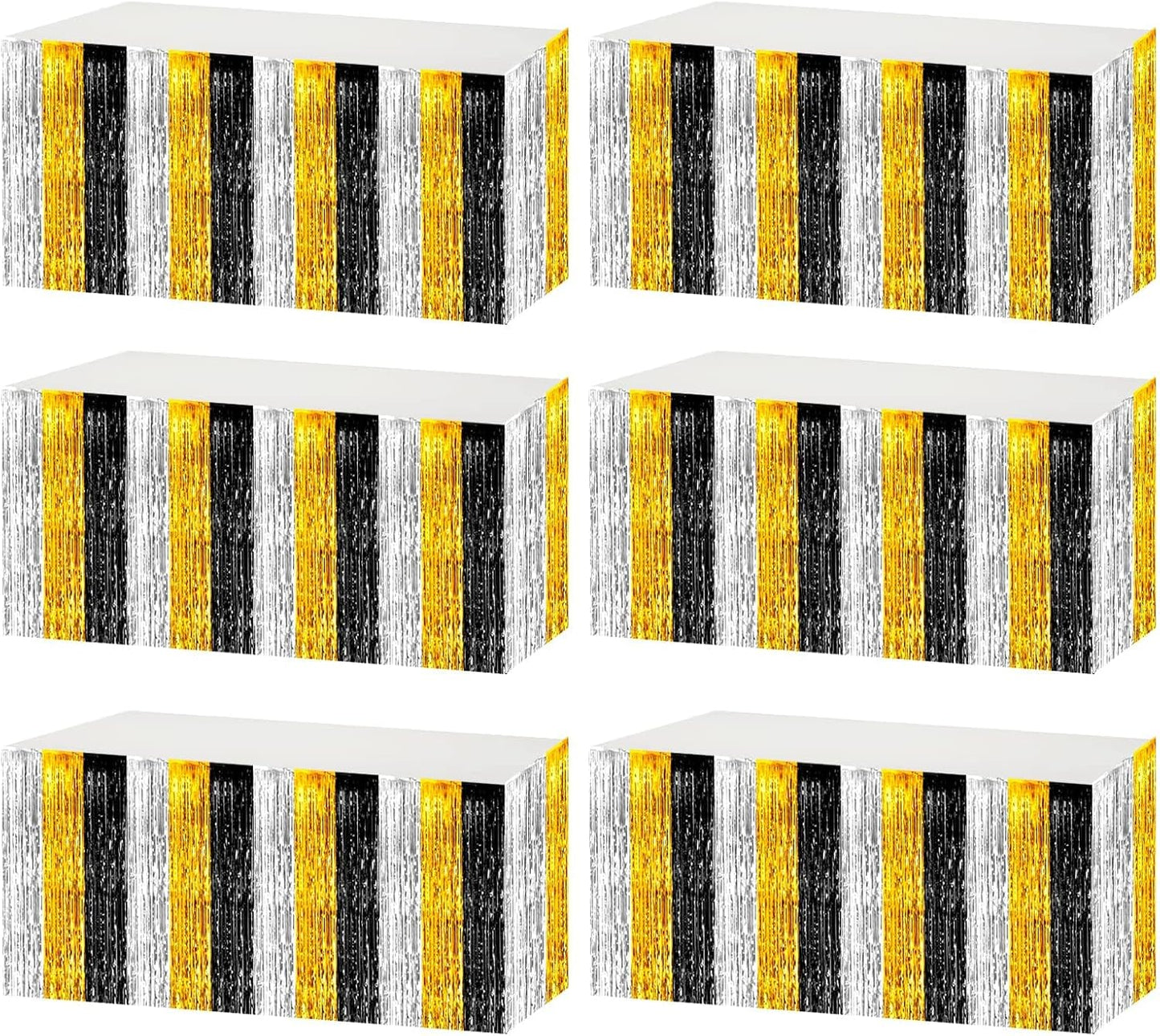 6 Pack 29x108 Inch Metallic Foil Fringe Tinsel Table Skirts Banner for Rectangle Tables Streamer Garland for Birthday, Parade Floats, Valentine's Day Party Decoration(Black Gold Silver)