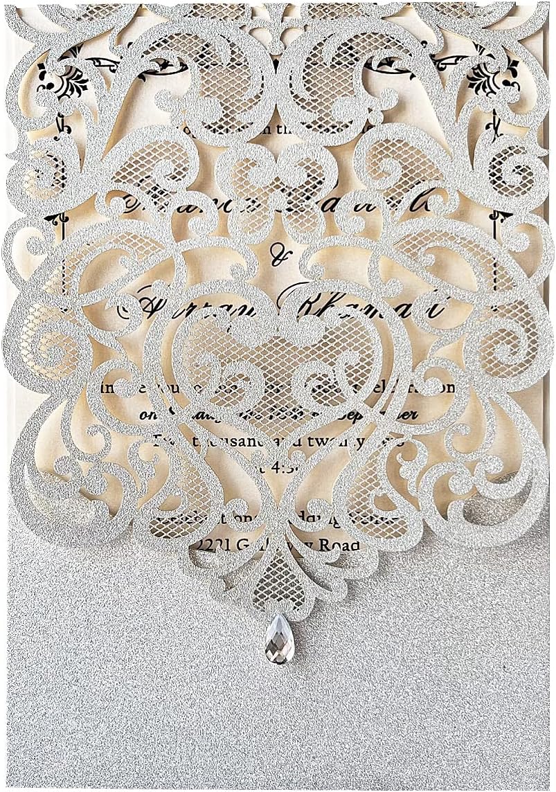 Hosmsua 5.12 x 7.3 Inch 50pcs Silver Laser Cut Lace Flora Wedding Invitation Cards with Rhinestone and Envelopes Customized Printed Invitations for Bridal Shower Quinceañera Wedding Invite