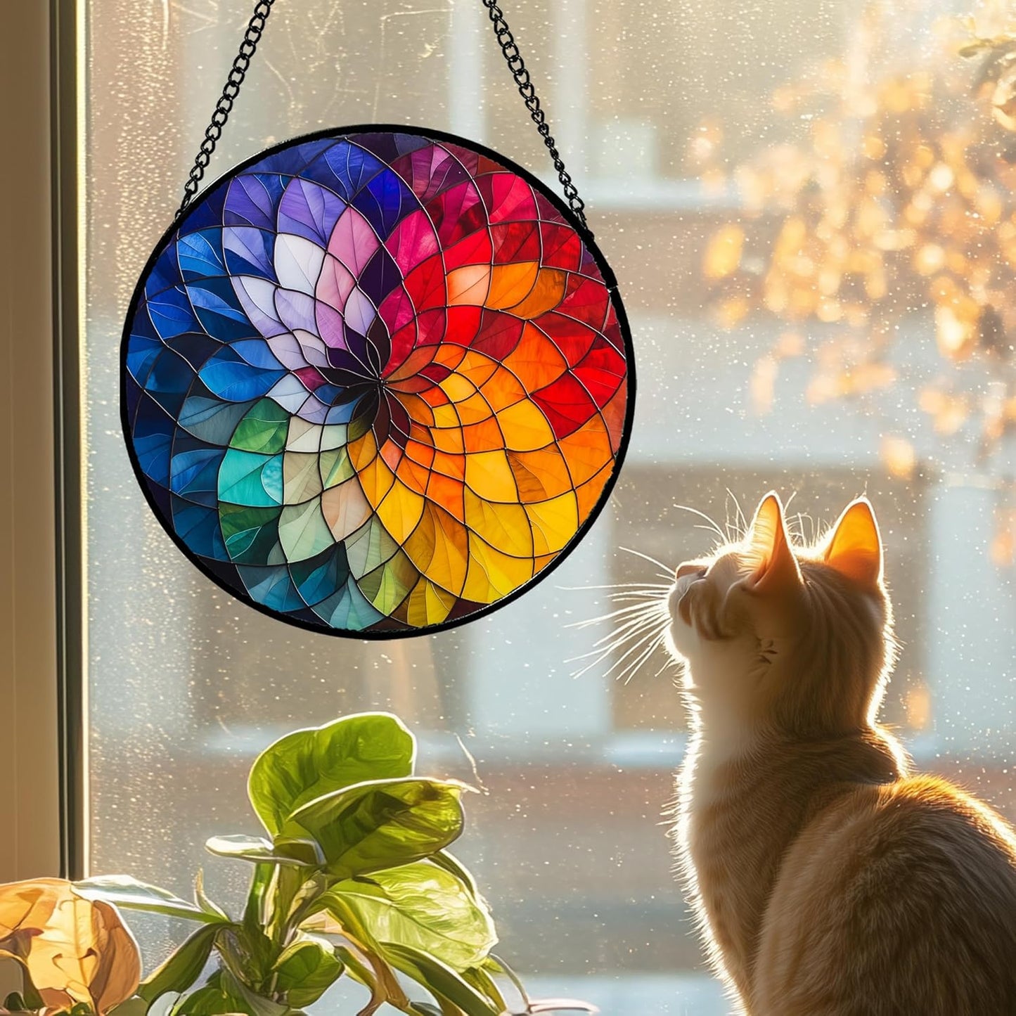 Stained Glass Window Hanging - Colorful Flowers Sun Catcher for Door Terrace Garden Home Decor, Abstract Gradient Suncatcher Birthday Gifts for Lovers Women Men Dad Mom Nana 11.8 in