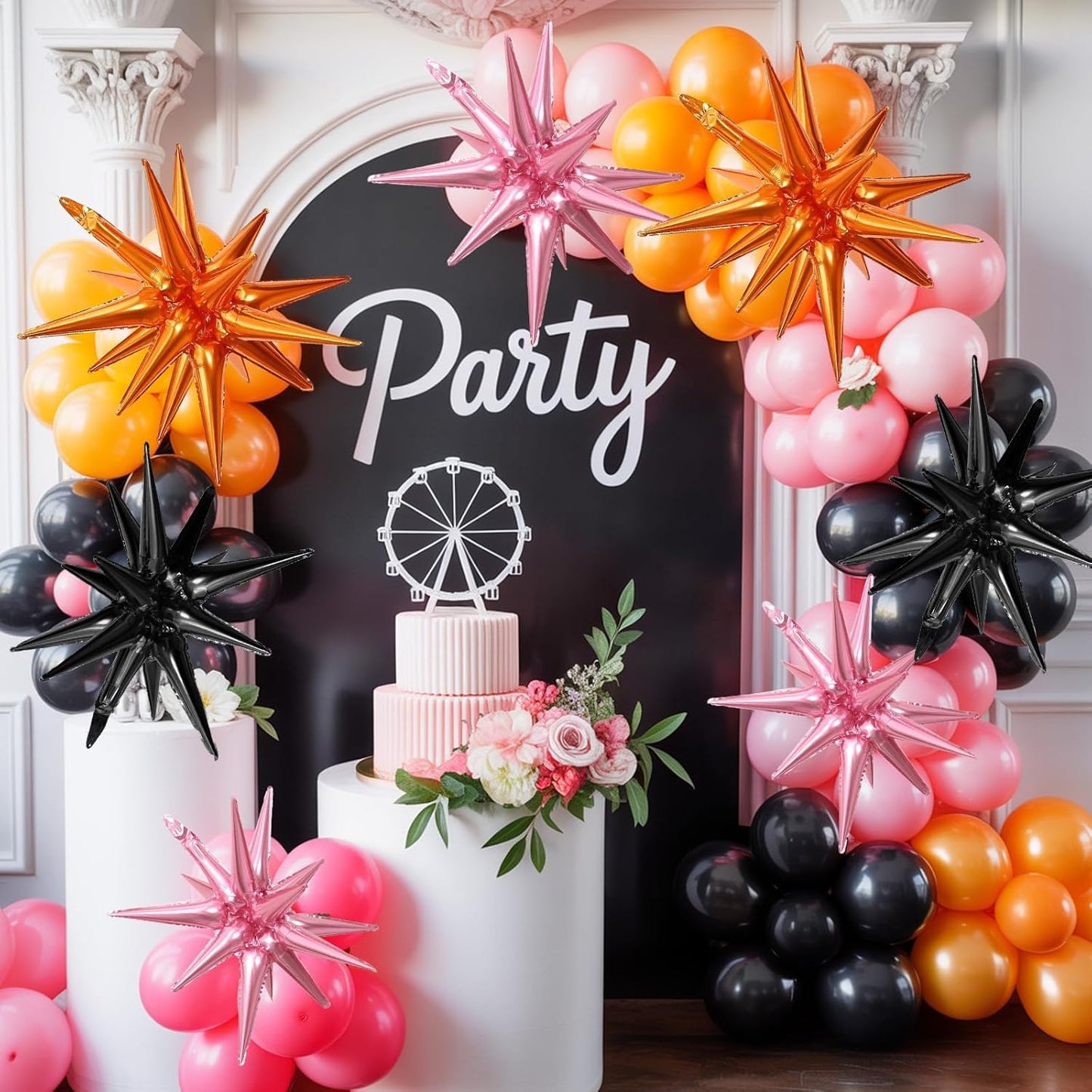 Black Orange Pink Star Balloons,9Pcs 22Inch Orange Pink Black Explosion Spike Cone Helium Polyester Film Star Foil Balloons for Halloween Birthday Anniversary Baby Shower Party Decorations