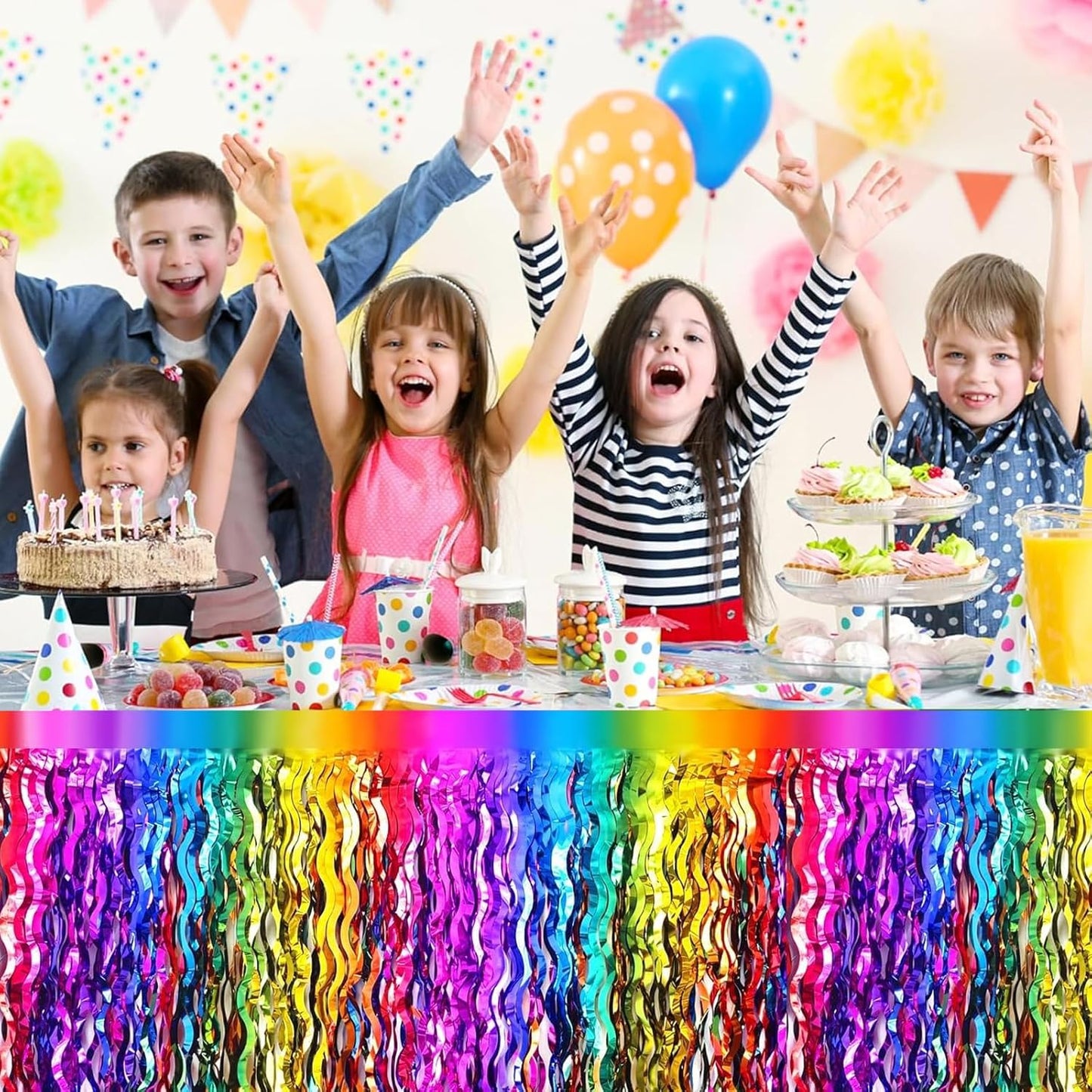 4P Wavy Metallic Tinsel Foil Fringe Table Skirts for Rectangle Tables Backdrop Garland Curtains for Parade Floats Wedding Birthday Parties Decoration Graduation 2025 Christmas (Rainbow)