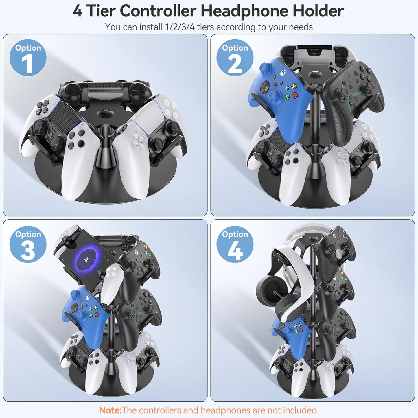 Headset Stand 4 Tiers for Desk, Rotatable Gaming Controller Stand for PS5/PS4/Xbox/Switch2/PS Portal/Phone, Universal PC Gamer Gift Accessory Controller/Headphone Holder for 12 Packs Controller