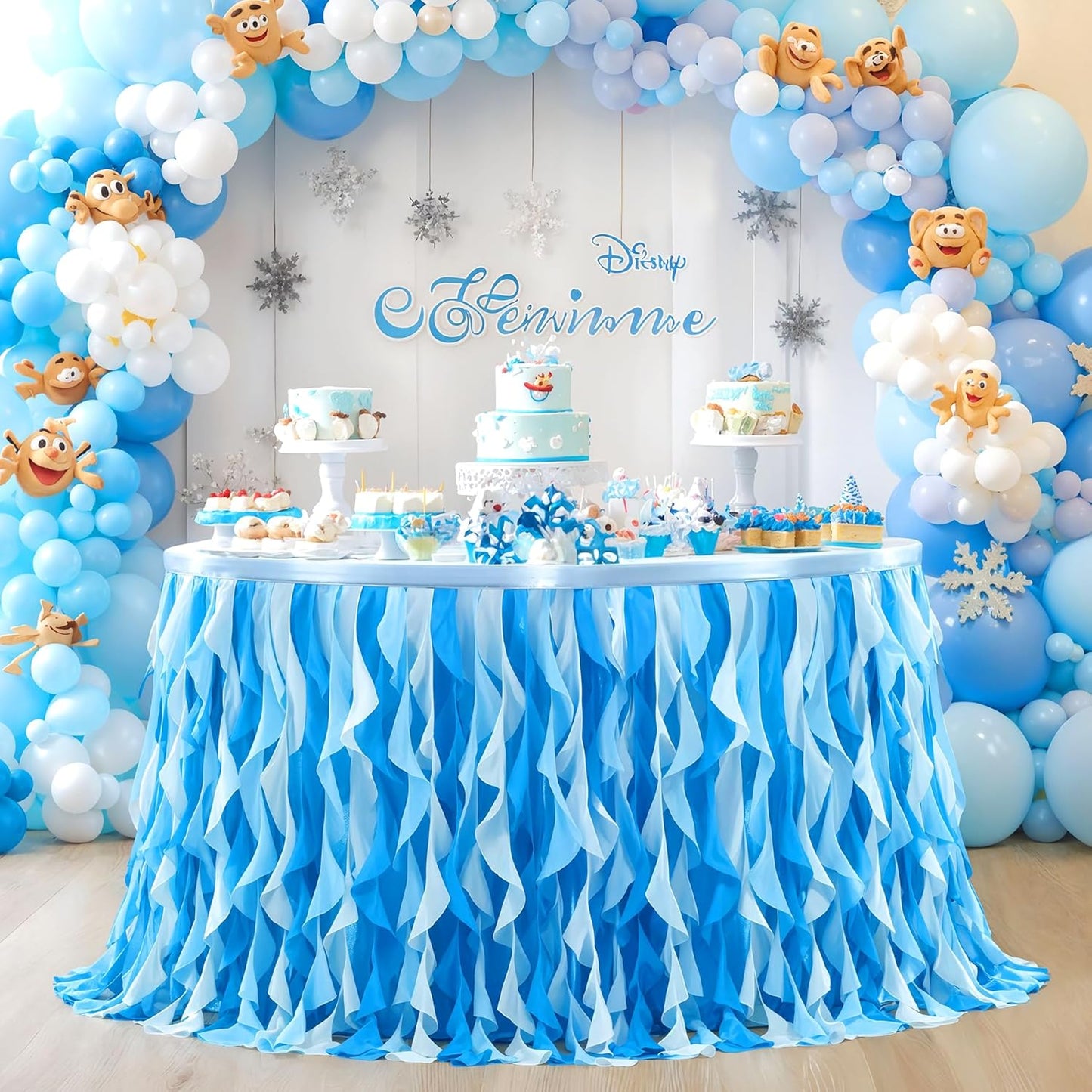 Partisky Ocean Blue Tulle Tutu Ruffle Curly Willow Table Skirt for Rectangle Table 9ft,Under The Sea Baby Shark Themed Table Cloth for Boys Girls Birthday Party or Baby Shower