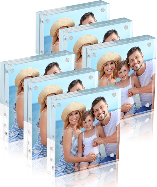 HOUSE DAY Acrylic Picture Frames 4x4, 6 Pack Magnetic 4 x 4 Picture Frame, Double Sided Clear 4x 4 Photo Frame with Microfiber Cloth, Frameless FreeStanding 4x4 Frame Gift for Desktop Display