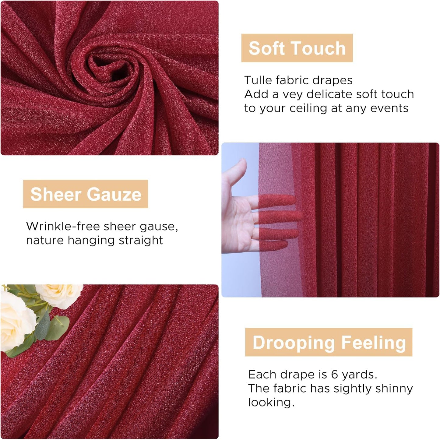 Wokceer Burgundy Wedding Arch Draping Fabric Backdrop 3 Panels 28.7" X 20FT Sheer Drapes Fabric for Wedding Arbor Ceremony Party