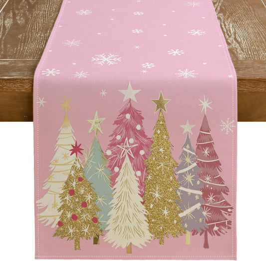 GEEORY Christmas Table Runner 13x72 Inch, Xmas Trees Snowflakes Holiday Decorative Farmhouse Table Decoration for Kitchen Dinning, Indoor Outdoor Dinner Party Decor (Pink) GT153-72
