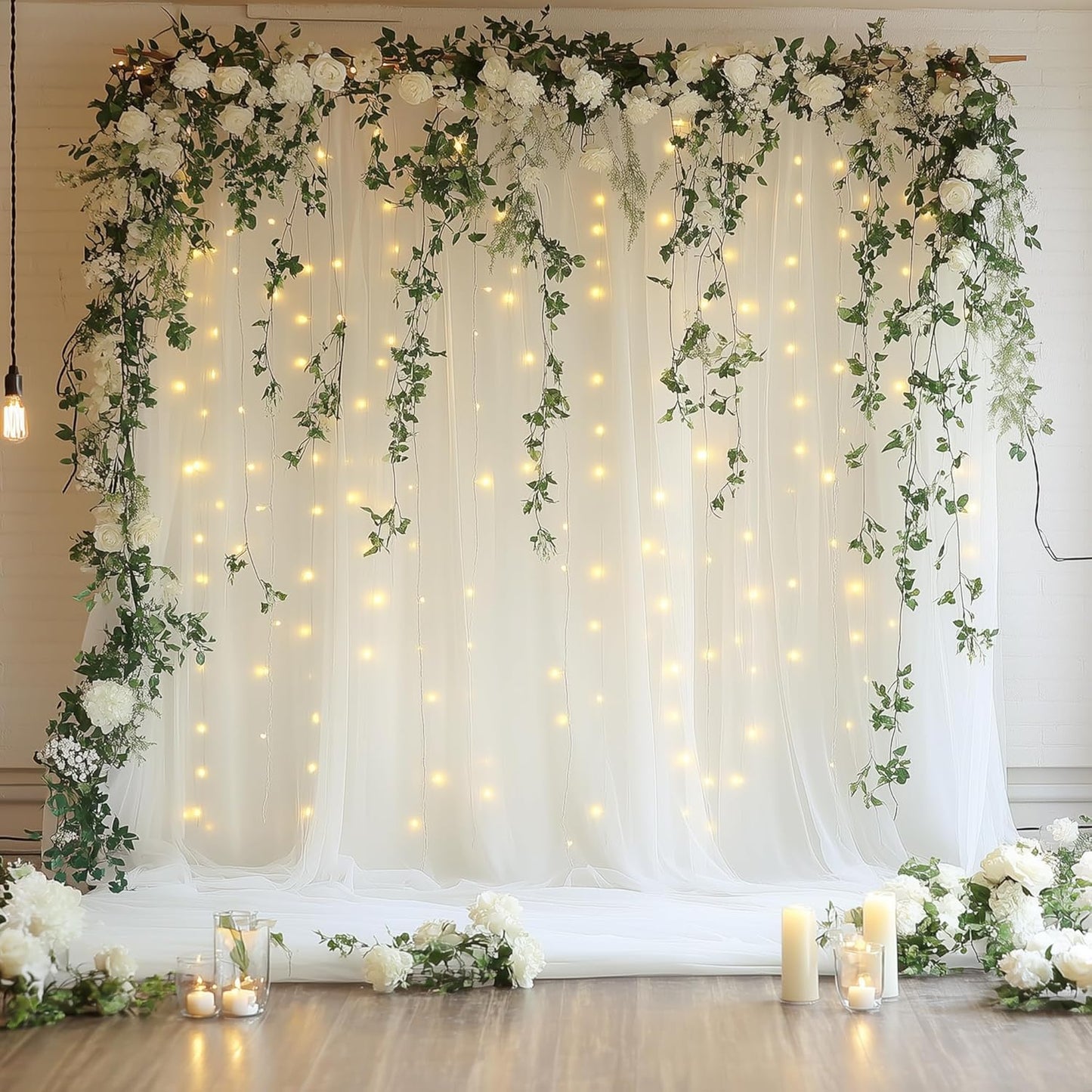 Tulle Backdrop Curtain with Lights String 10FT X 8FT Ivory Sheer Tulle Backdrop Curtains for Wedding Birthday Party Reception Photo Booth Background Decorations (2 Panels 5x8FT)