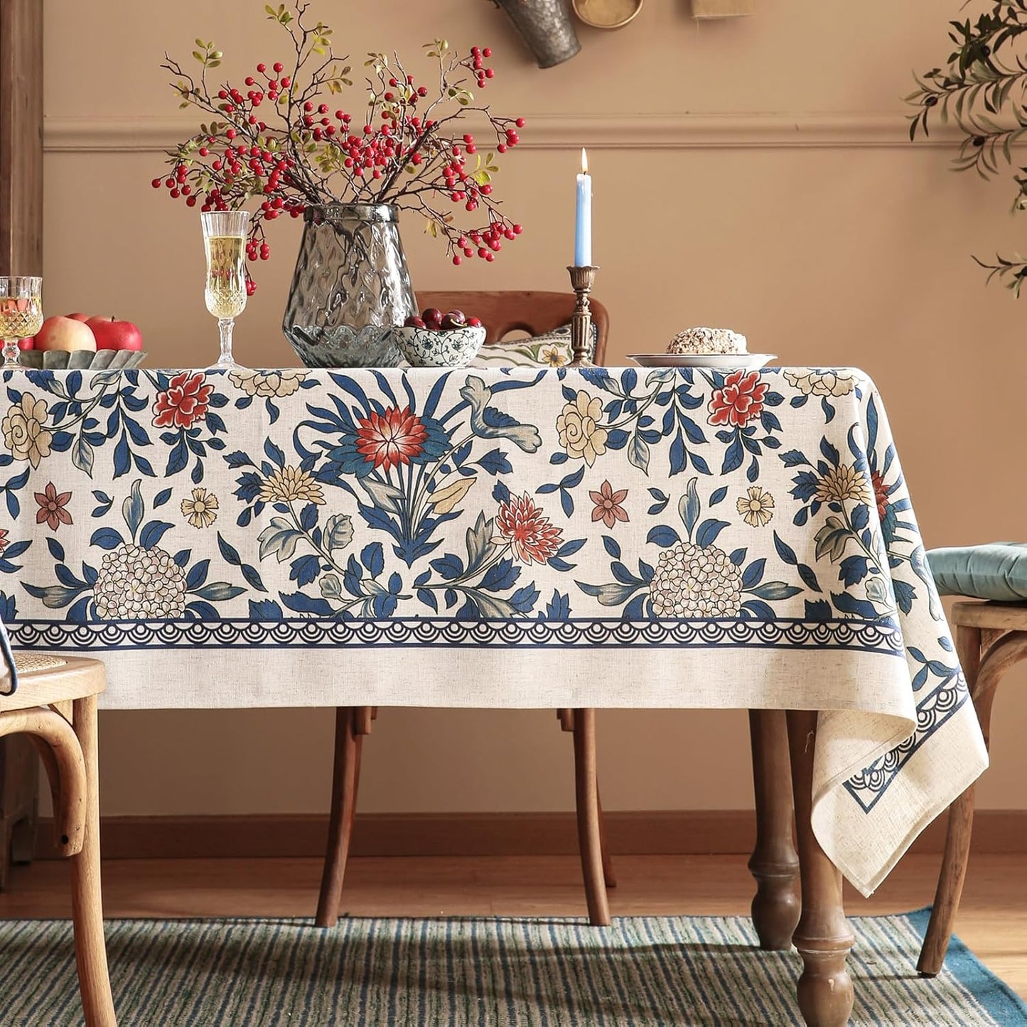 patdrea Designer Blue Tablecloth for Rectangle Table,Vintage Linen with Leaves and Floral Pattern Long Tablecloths,Farmhouse Decor Cover for Kitchen Dining Christmas,Thanksgiving,63"x102"-Ivar a