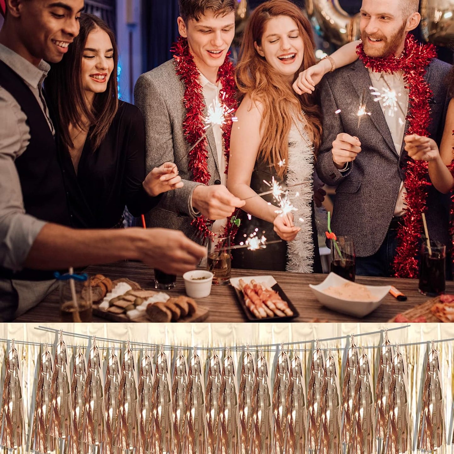 4P Champagne Gold Foil Fringe Metallic Streamers Banner Tassel Garland for Parade Floats, Bachelorette, Wedding, Birthday, Halloween, Christmas, Bridal/Baby Shower Party Decorations