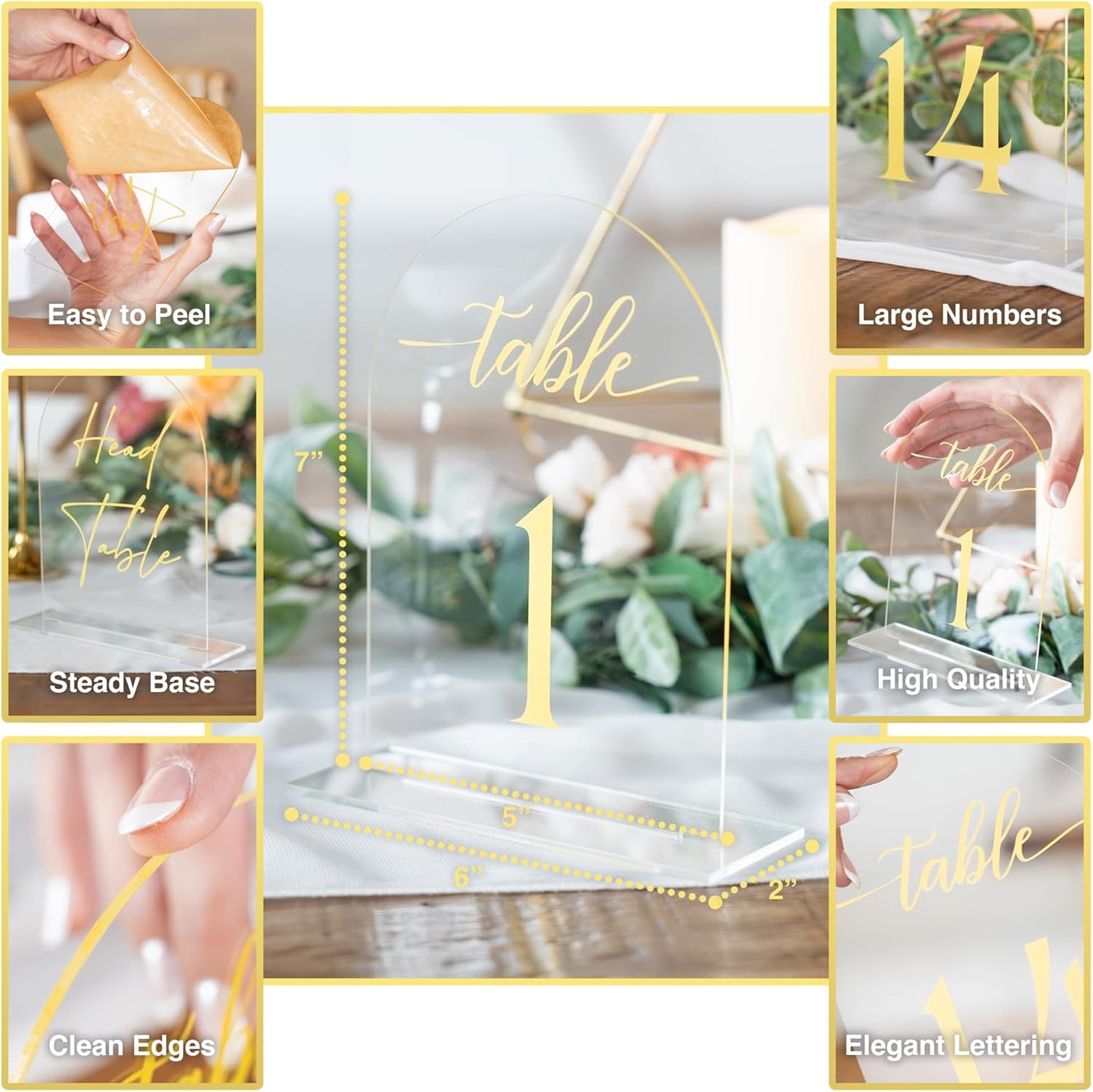 Clear Arch Acrylic Table Numbers for Wedding Reception - 5" x 7" Gold Font Centerpiece Set with Holder Stands & Head Table Sign - Anniversary, Event, Party, Wedding 1-15