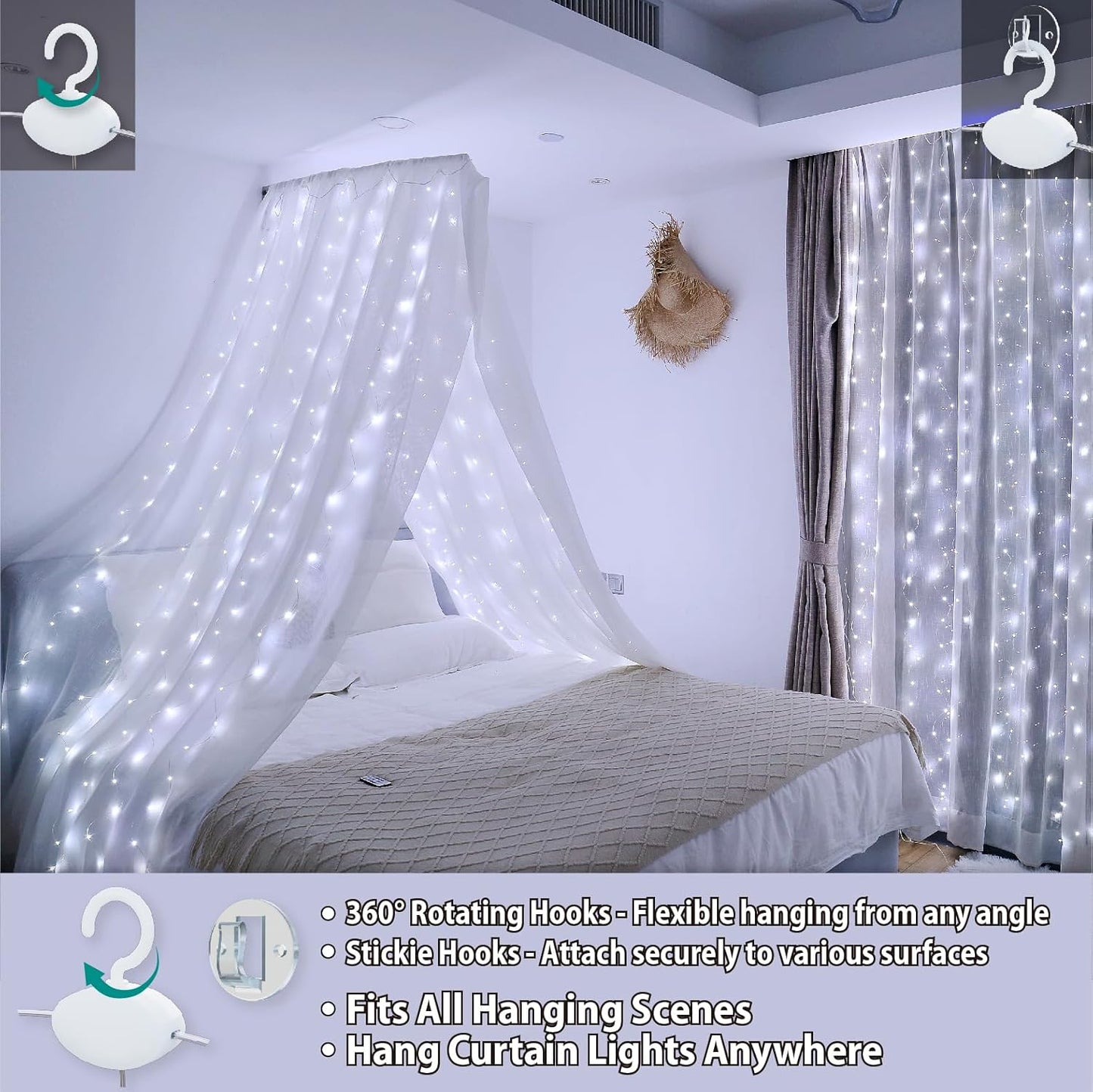 HXWEIYE 300LED Fairy Curtain Lights, 9.8x9.8Ft USB Plug-in 8 Modes Christmas String Hanging Lights with Remote for Bedroom Backdrop Wedding Party Indoor Wall Decor, White