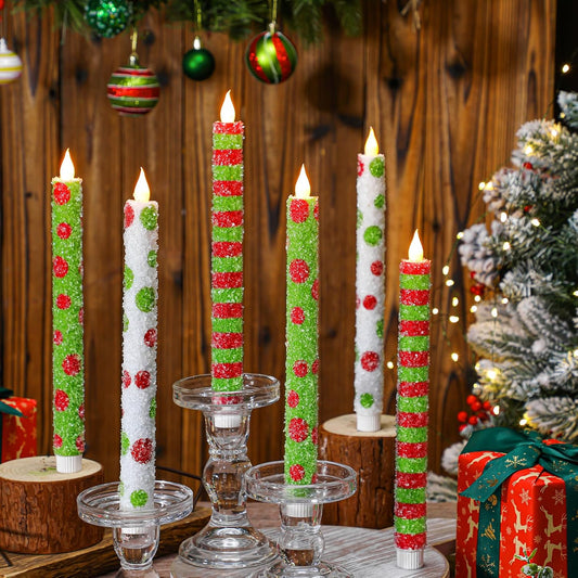 Baquler 6 Pcs Christmas Flameless Taper Candles 10.6 Inch Elf Theme Candles Battery Operated LED Christmas Candlesticks for Xmas Centerpiece Holiday Party Decor