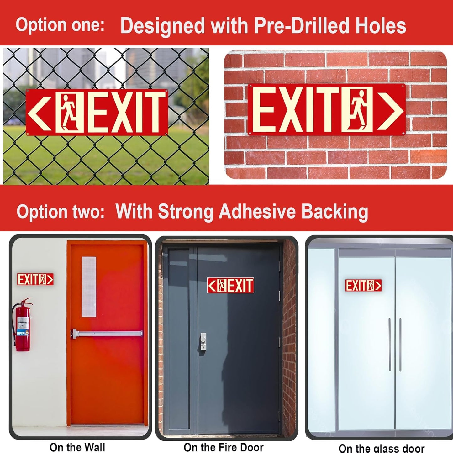 Photoluminescent Exit Signs, 14x5 inches, Red with Glow in Dark Feature, Self-Adhesive Aluminum, Left and Right Arrow Set