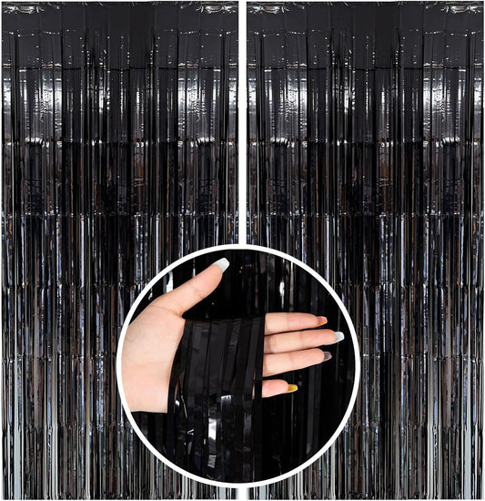 Black Party Streamers Foil Fringe Backdrop Curtains Tinsel Streamers Birthday Halloween Party Decorations Fringe Backdrop for Birthday Party Graduation Bridal Shower Wizard Party Supplies