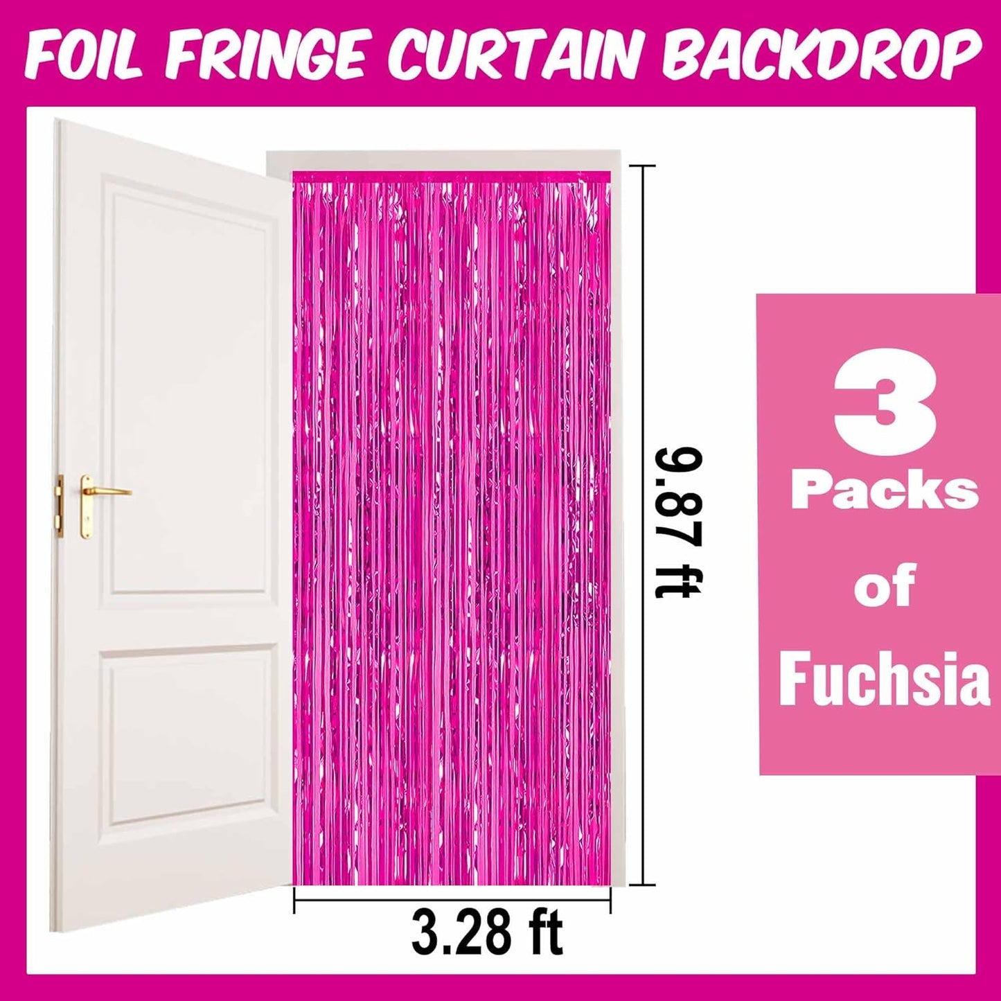 3 Pack Fuchsia Foil Fringe Curtains Backdrop, 3.28 x 9.8 Ft Metallic Streamers Tinsel Curtains Background for Photo Booth, Birthday, Halloween, Christmas, Thanksgiving, New Year Party Decorations