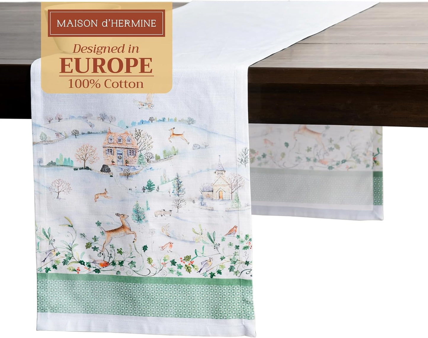 Maison d' Hermine Table Runner 100% Cotton Single Layer Table Runners 72 inches Long for Thanksgiving Christmas Decorations Home Kitchen Dining Party Wedding (Snowy World, 14.5" x 72")