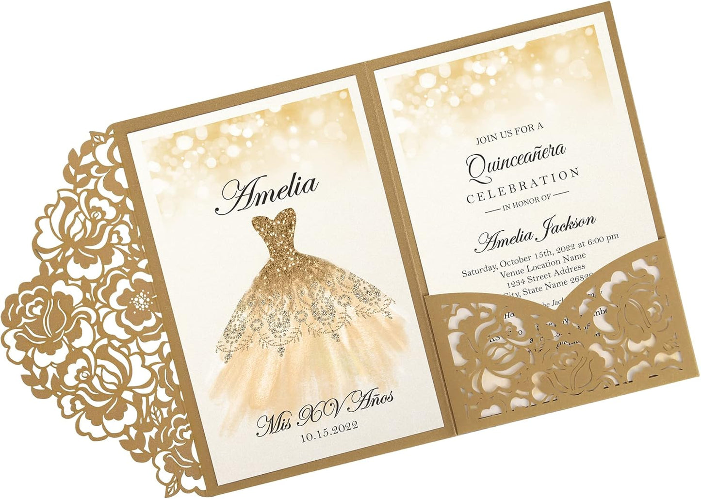 DORIS HOME 50pcs Laser Cut Quinceanera Invitations Gold, 4.7x7.1 Personalized Quince Invitations for 15th Birthday, Invitation cards for Sweet 16 with Envelopes
