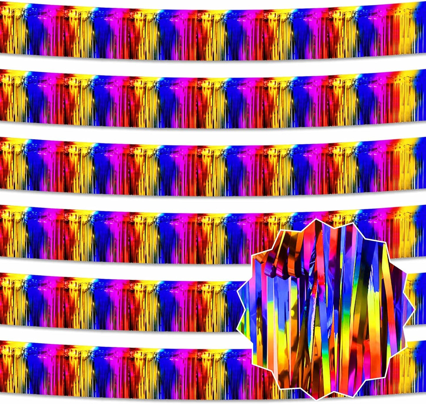 6 Pack 10 Ft Rainbow Foil Fringe Garland Metallic Streamers Tinsel Banner Wall Hanging Garland Backdrop for Parade Floats, Halloween, Christmas, Thanksgiving, New Year Party Decorations