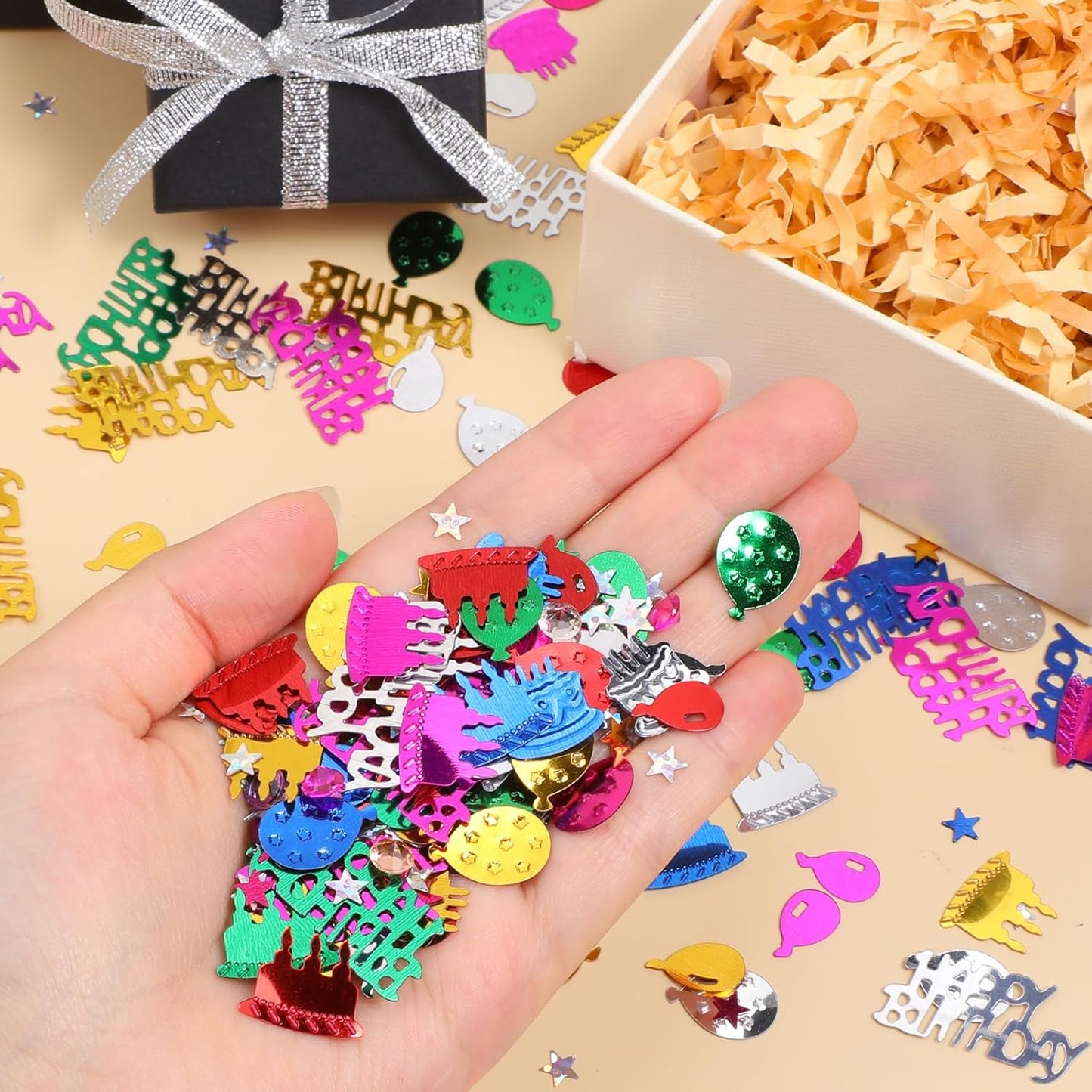 Happy Birthday Confetti Glitter Metallic Foil Table Confetti Multicolor Birthday Cake Balloon Sprinkles Table Centerpiece for Baby Shower Party Decorations DIY Arts and Crafting