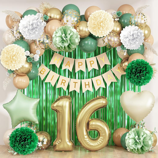 Sage Green 16th Birthday Decorations for Boys Girls Gold Number 16 Balloon Nude Gold Happy Birthday Banner Fringe Curtain Paper Pom Poms Olive Green Cream White Sand Star Foil Balloons Party Decor