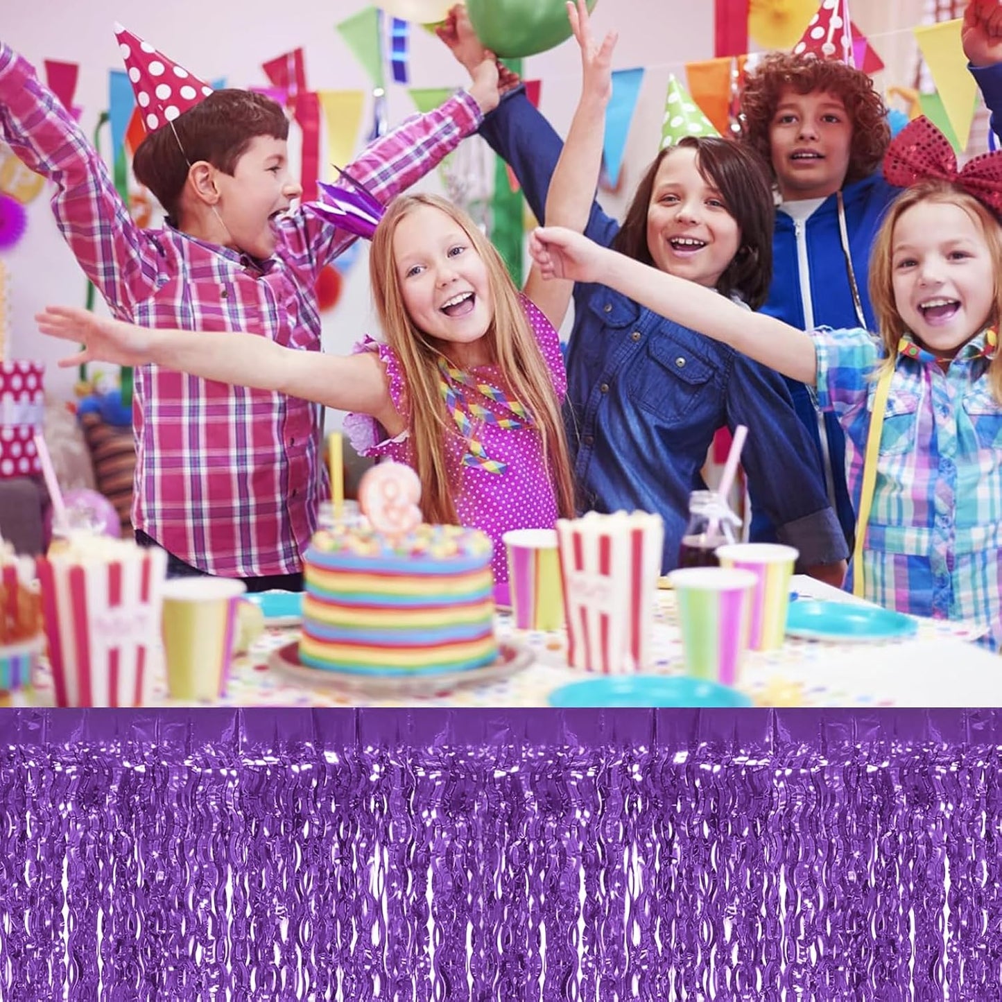 4P Wavy Metallic Tinsel Foil Fringe Table Skirts for Rectangle Tables Backdrop Garland Curtains for Parade Floats Wedding Birthday Parties Decoration Graduation 2025 Christmas (Light Purple)