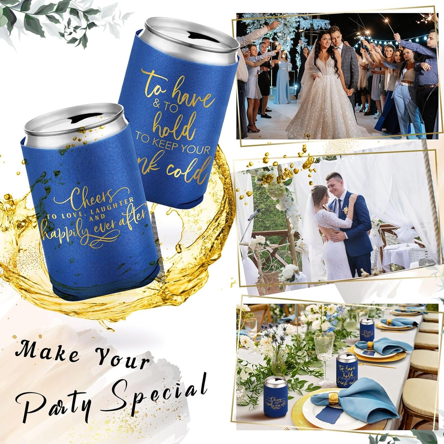 50 Pieces Wedding Can Cooler Bulk Engagement Party Favors for Guests Cheers to Love Laughter and Happily Ever After Rehearsal Dinner Decorations for Wedding Bridal(Blue,Cute)