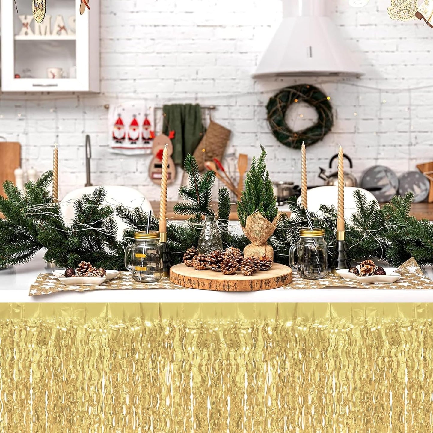 4P Wavy Metallic Tinsel Foil Fringe Table Skirts for Rectangle Tables Backdrop Garland Curtains for Parade Floats Wedding Birthday Parties Decoration Graduation 2025 Christmas (Light Gold)